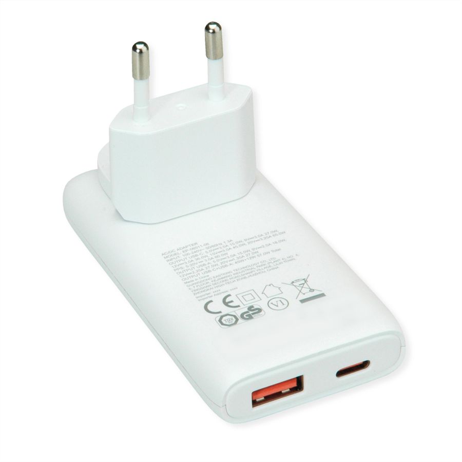 VALUE USB Charger mit Euro-/US-Stecker, 2 Ports Typ A+C, 65W