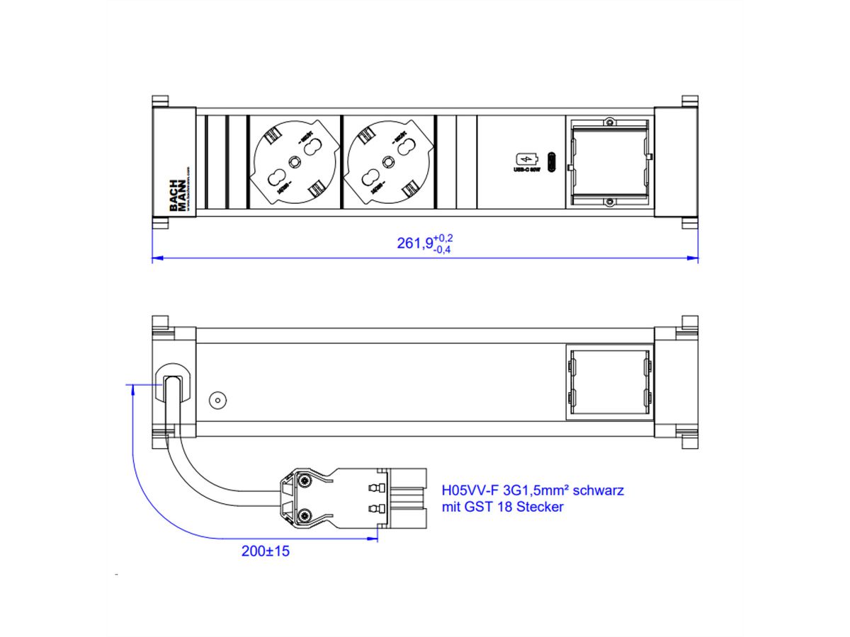 BACHMANN POWER FRAME M 2xP40 1xUSB C 30W, 1xCM 0,2m GST18 Italia