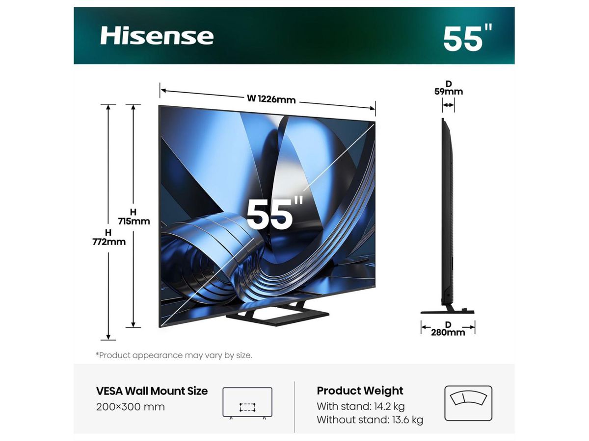 Hisense TV 55U7SE 55", Mini-LED 4K, 144Hz, 1300 Nits