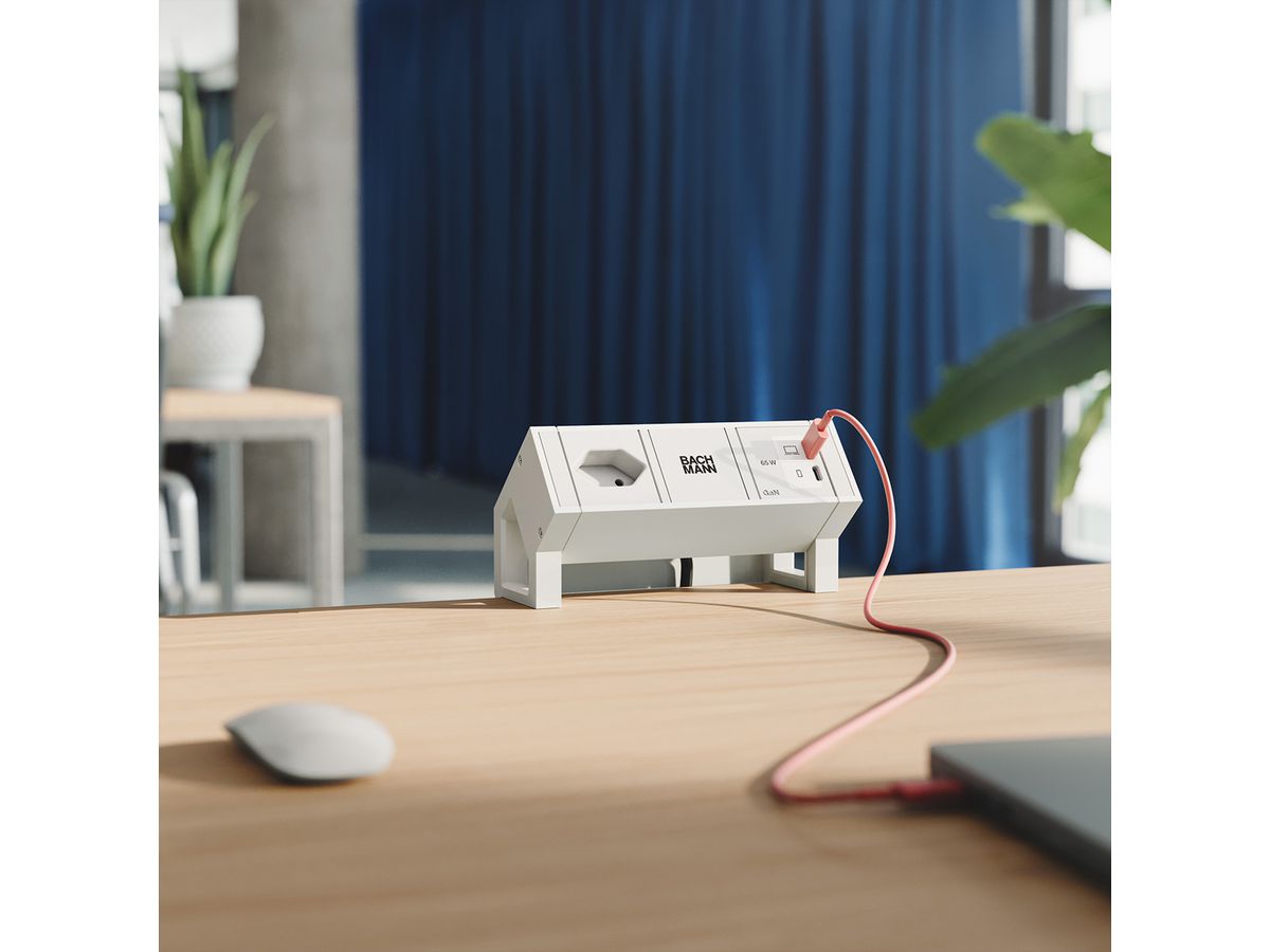 BACHMANN DESK2 white 1xCH 90°, 1xUSB C/C 65W L=0,2m RAL9010