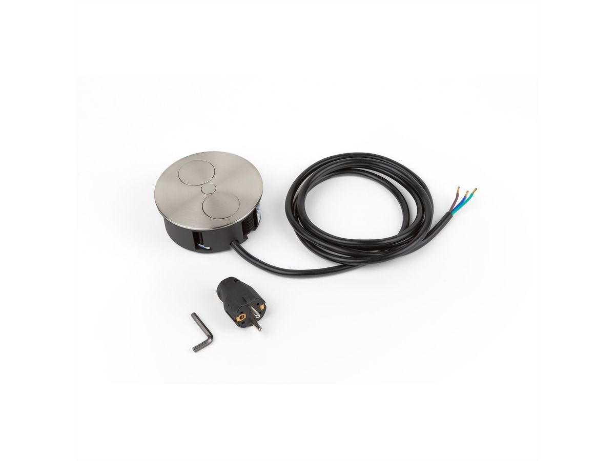 BACHMANN TWIST 1x Schutzkontakt, Aderendhülsen, USB-Charger, Schutzkontaktmontagestecker, Edelstahl, 2 m