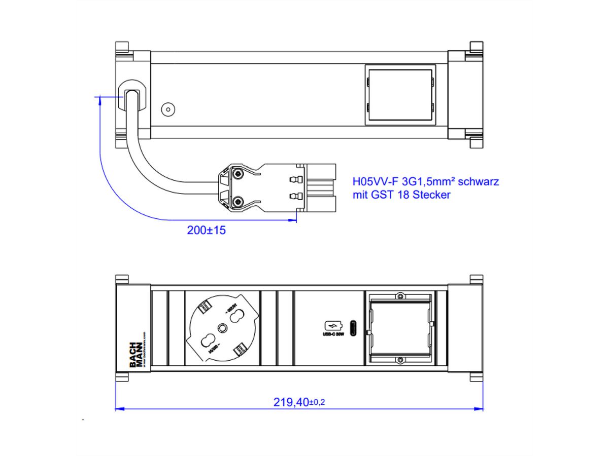 BACHMANN POWER FRAME S 1xP40 1xUSB C 30W, 1xCM 0,2m GST18 Italia
