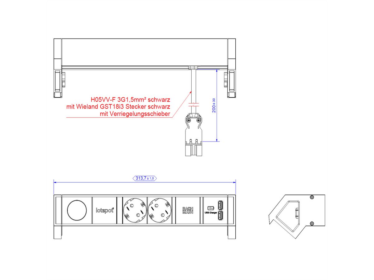 BACHMANN DESK2 1xIOTspot 2xSchutzkontakt, USB Charger 0,2m GST18, inox