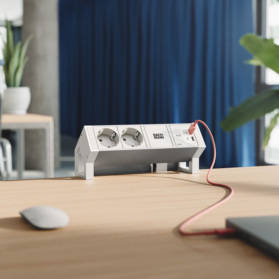 BACHMANN DESK2 ALU WHITE 2xCEE7/3, 1xUSB C/C 65W L=0,2m RAL9010