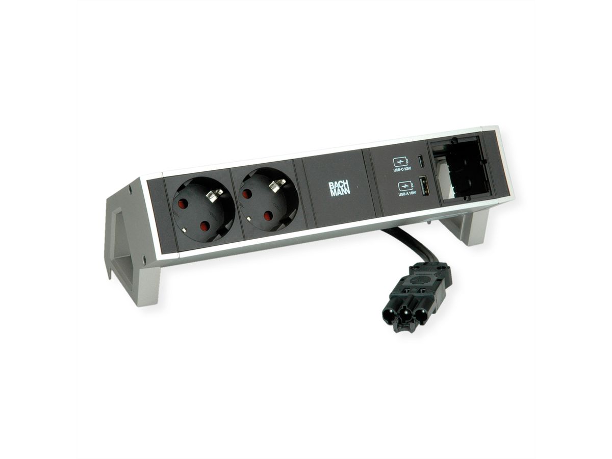 BACHMANN DESK2 2xSchutzkontakt USB A&C, USB Charger 22W 1xABD 0,2m GST18 INOX