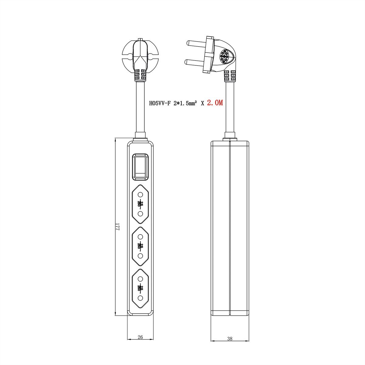 VALUE 3-fach Steckdosenleiste Euro-Stecker (2-polig), mit Schalter, weiß, 1,5 m