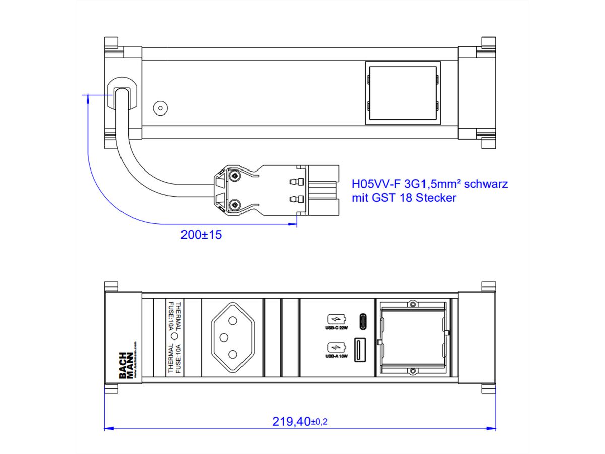 BACHMANN POWER FRAME S 1xCH 1xCM, 1xUSB A&C 22W 0,2m GST18 Schweiz