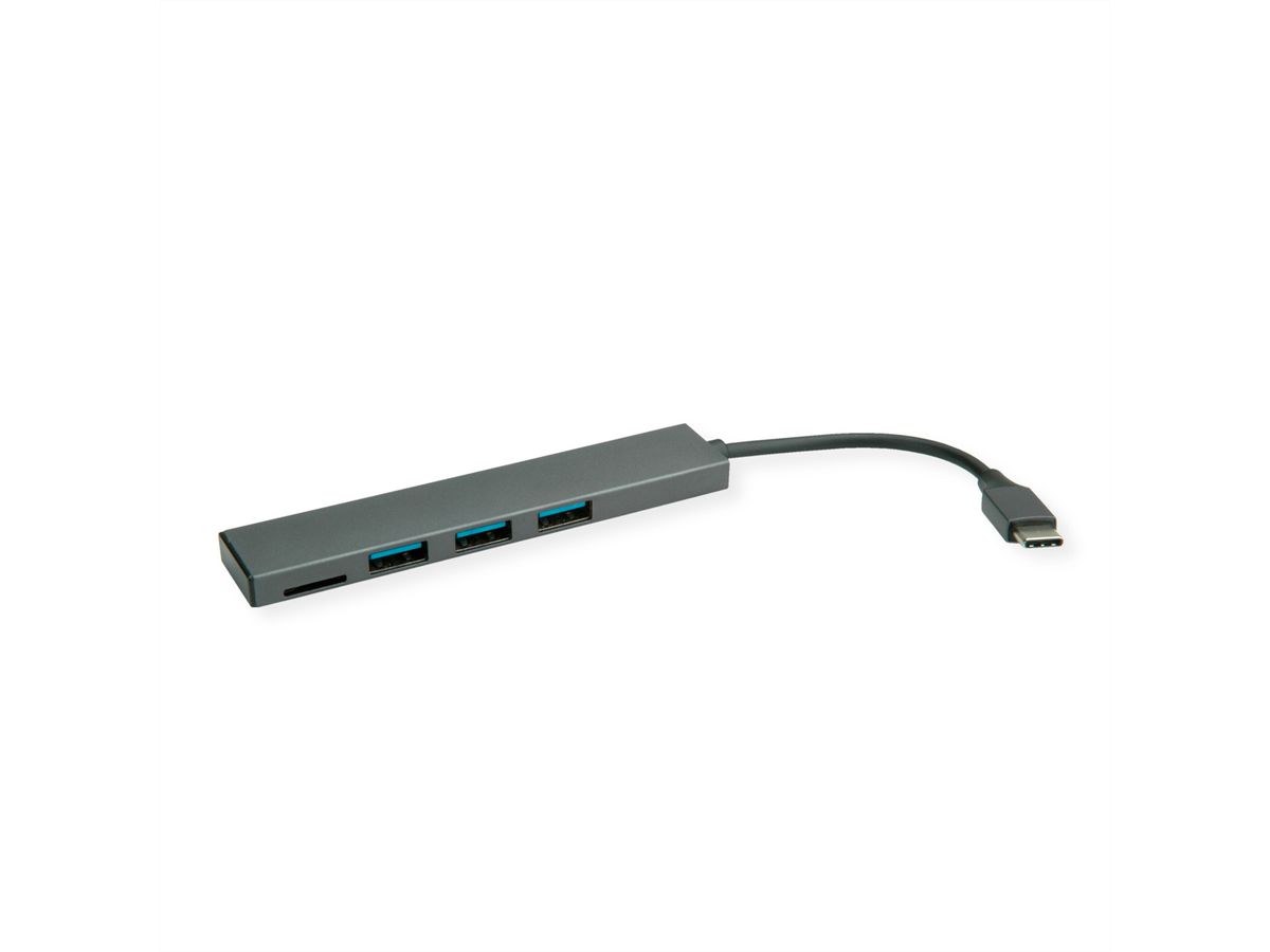 ROLINE USB 3.2 Gen 1 Hub, 3fach, Typ C Anschlusskabel, mit CardReader
