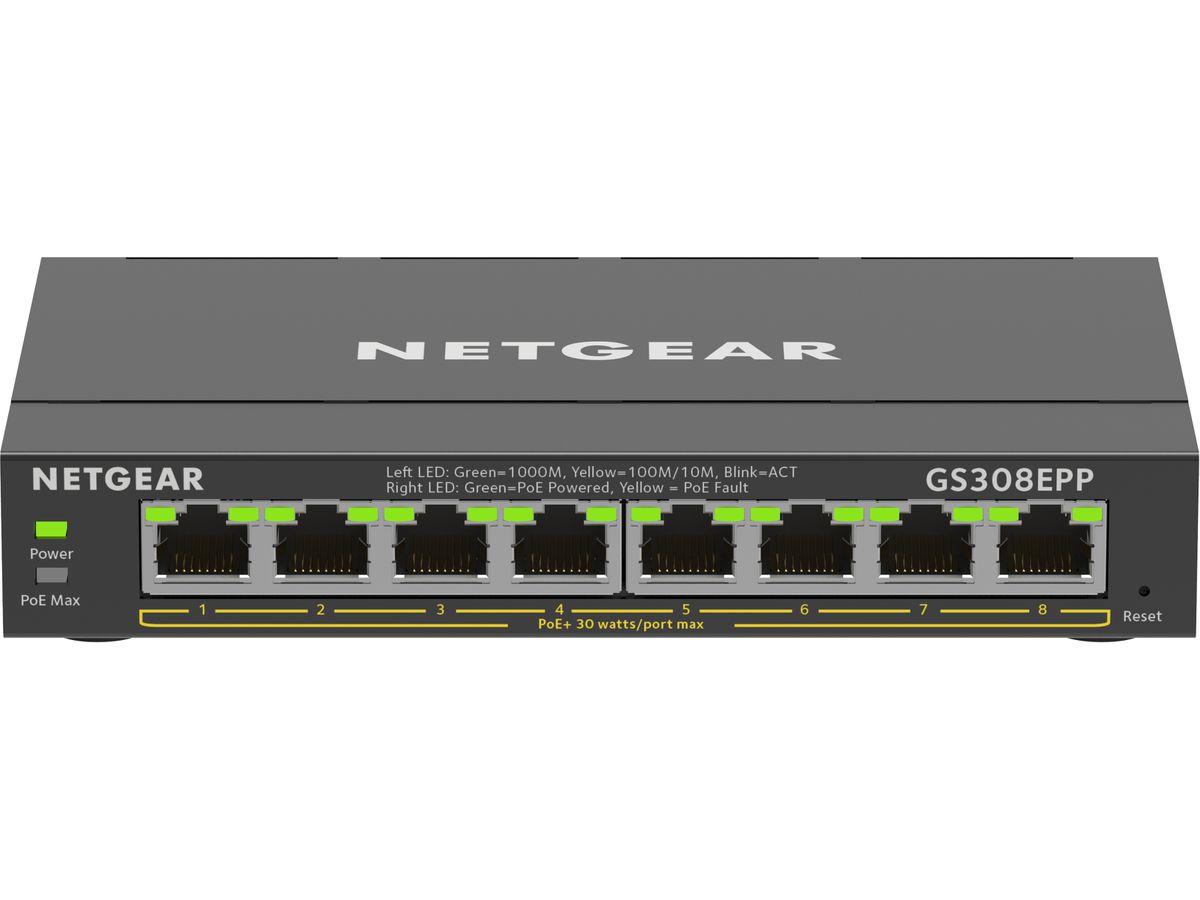 NETGEAR 8-Port Gigabit Ethernet High-Power PoE+ Plus Switch (GS308EPP) Managed L2/L3 Gigabit Ethernet (10/100/1000) Power over Ethernet (PoE) Schwarz
