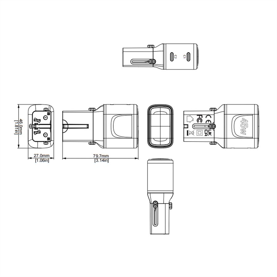 VALUE USB Reise-Charger mit Euro-Flach-/UK-/US-Stecker , 2x USB-C-Anschlüsse, 45 W