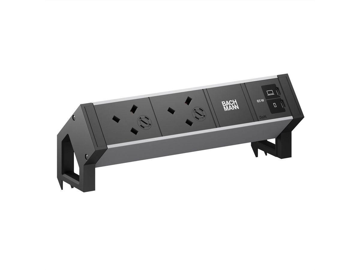 BACHMANN DESK2 ALU BLACK 2xUK, 1xUSB C/C 65W L=0,2m