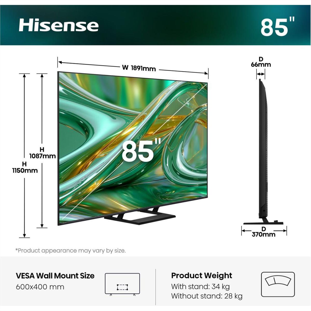 Hisense TV 85E8S 85", Mini-LED 4K, 144Hz, 600 Nits