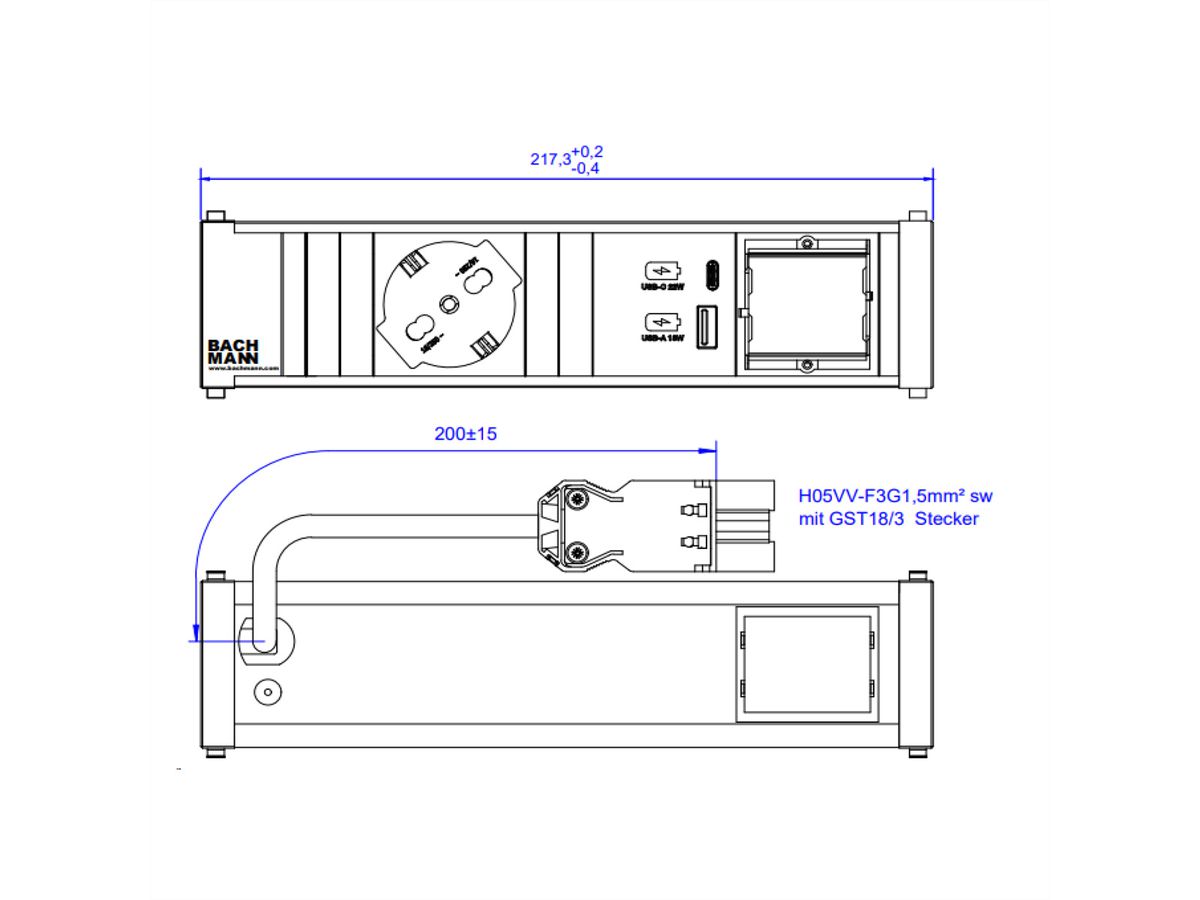 BACHMANN CONI 1xP40 1x USB A&C 22W 1xCM, 0,2m GST18 Italia