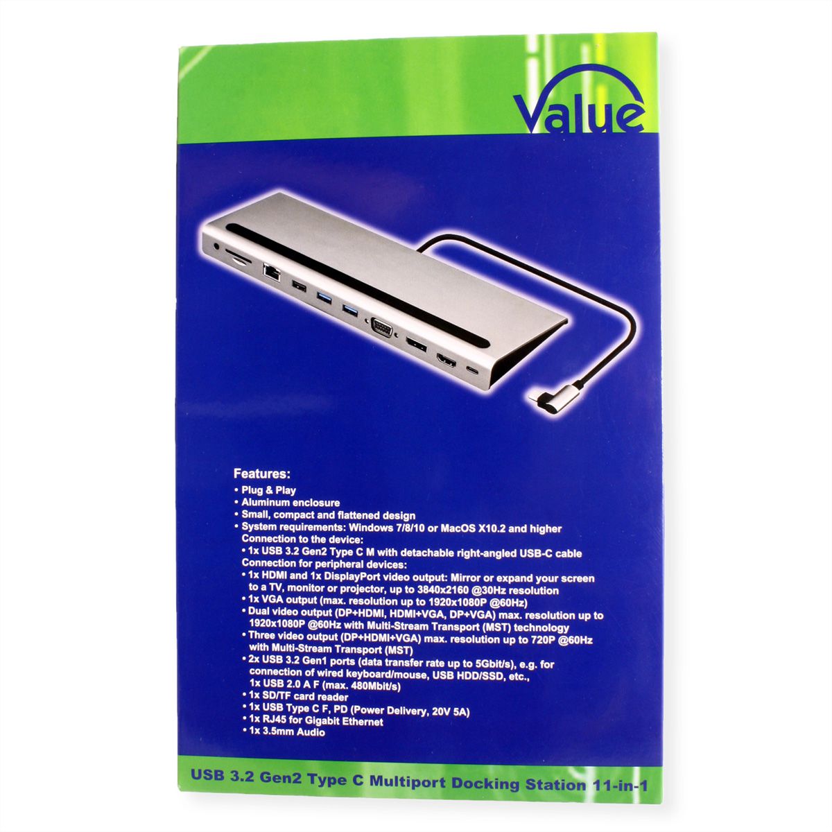 VALUE USB-C Multiport Docking Station, 4K HDMI/DP, VGA, USB, Card Reader, PD, LAN, Audio