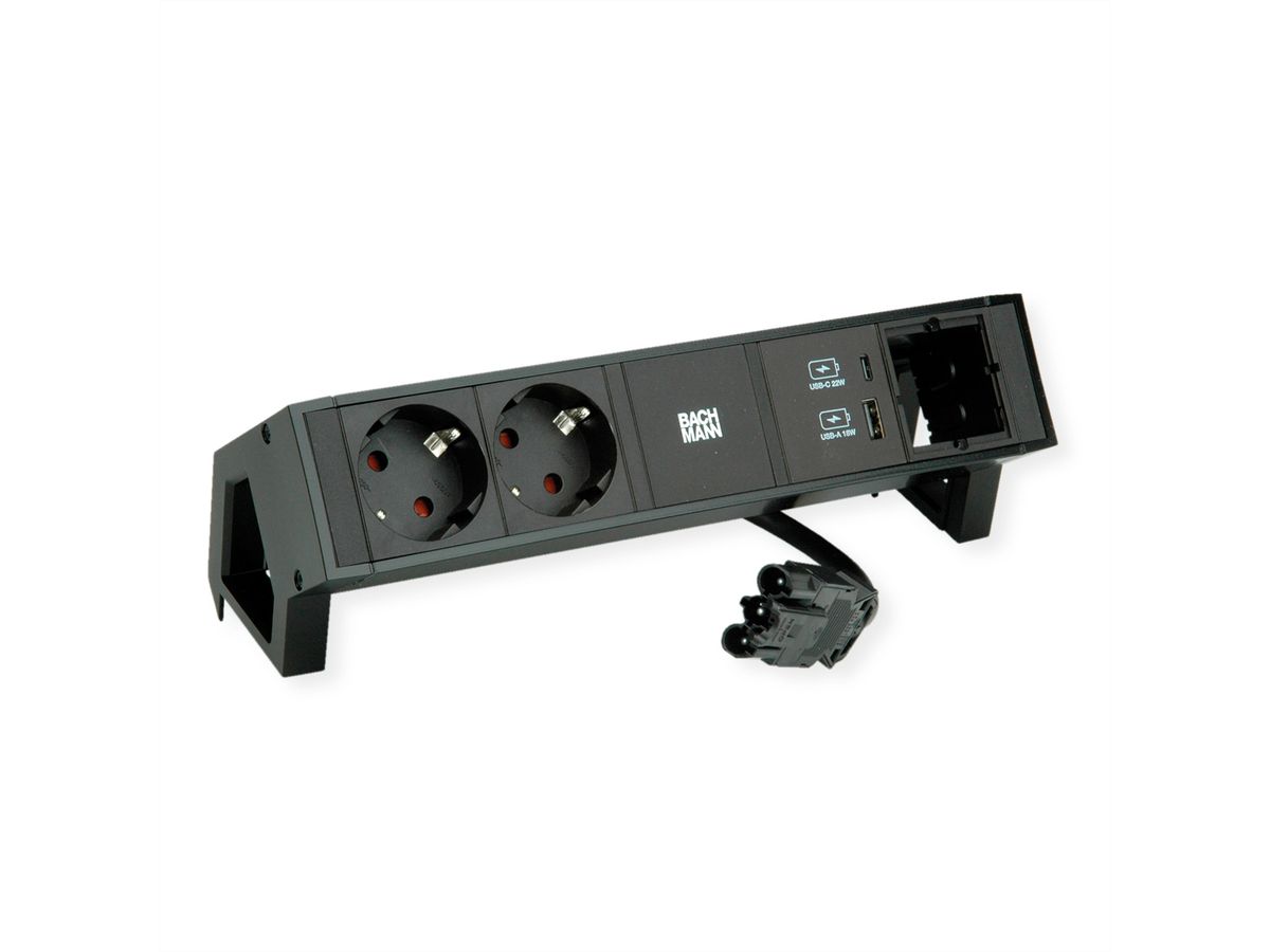 BACHMANN DESK2 2xSchutzkontakt USB A&C, USB Charger 22W 1xABD 0,2m GST18 Schwarz