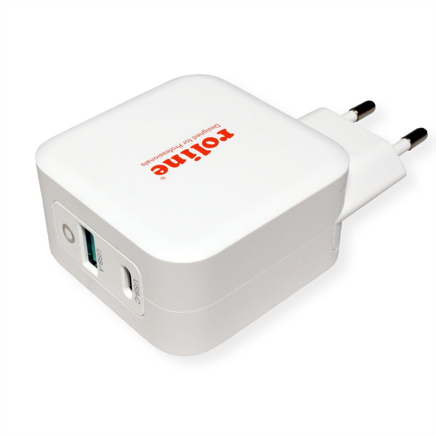 ROLINE USB Charger mit Euro-Stecker, 2 Port (Typ-A QC3.0, Typ-C PD), 65W