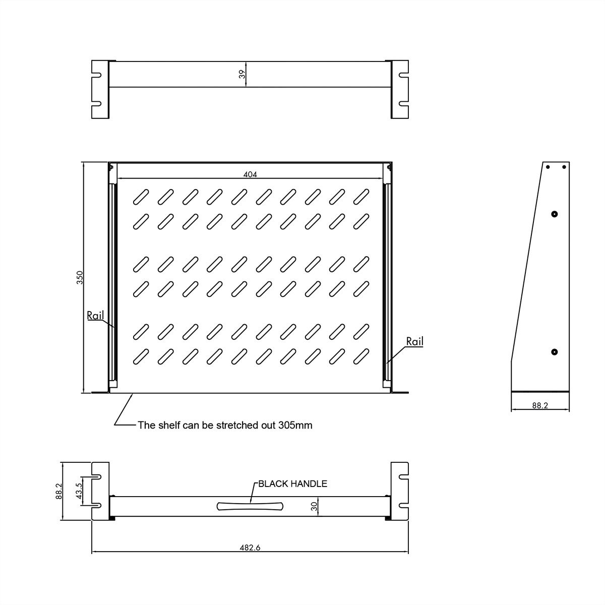 VALUE 19-Zoll-Fachboden ausziehbar, 2 HE, 404 x 350 mm, 30 kg Traglast