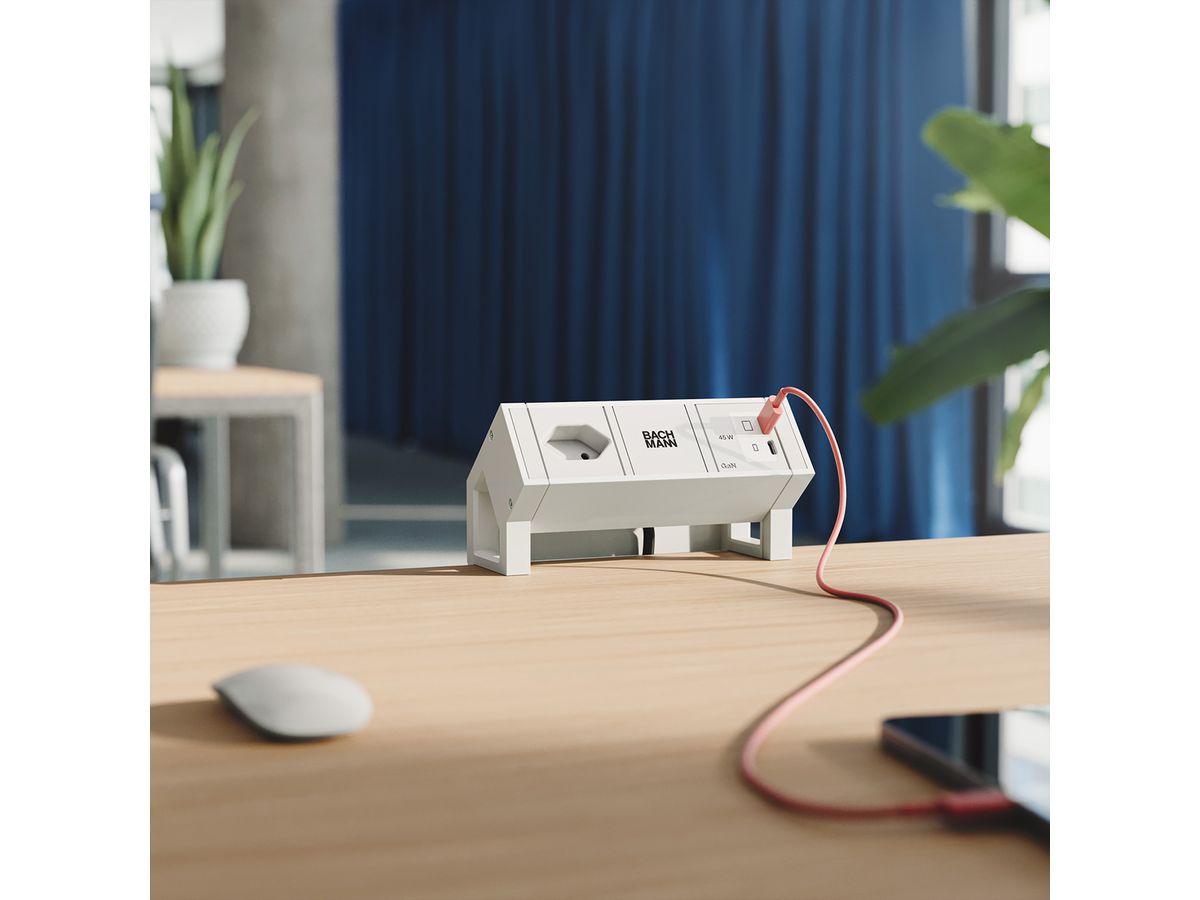 BACHMANN DESK2 white 1xCH 90°, 1xUSB C/C 45W L=0,2m RAL9010