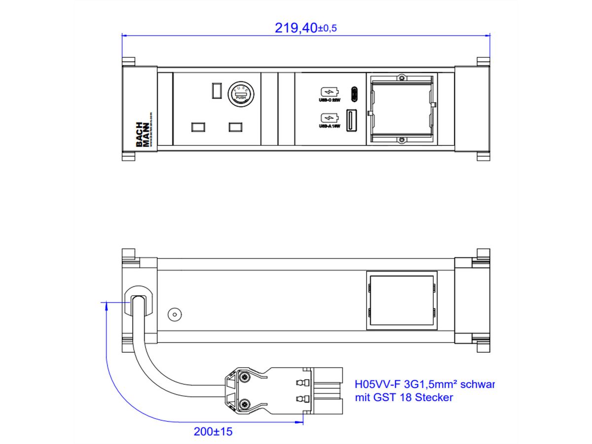 BACHMANN POWER FRAME S 1xUK 1xCM, 1xUSB A&C 22W 0,2m GST18 United Kingdom