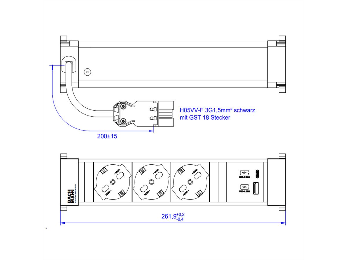 BACHMANN POWER FRAME M 3xP40, 1xUSB A&C 22W 0,2m GST18 Italia