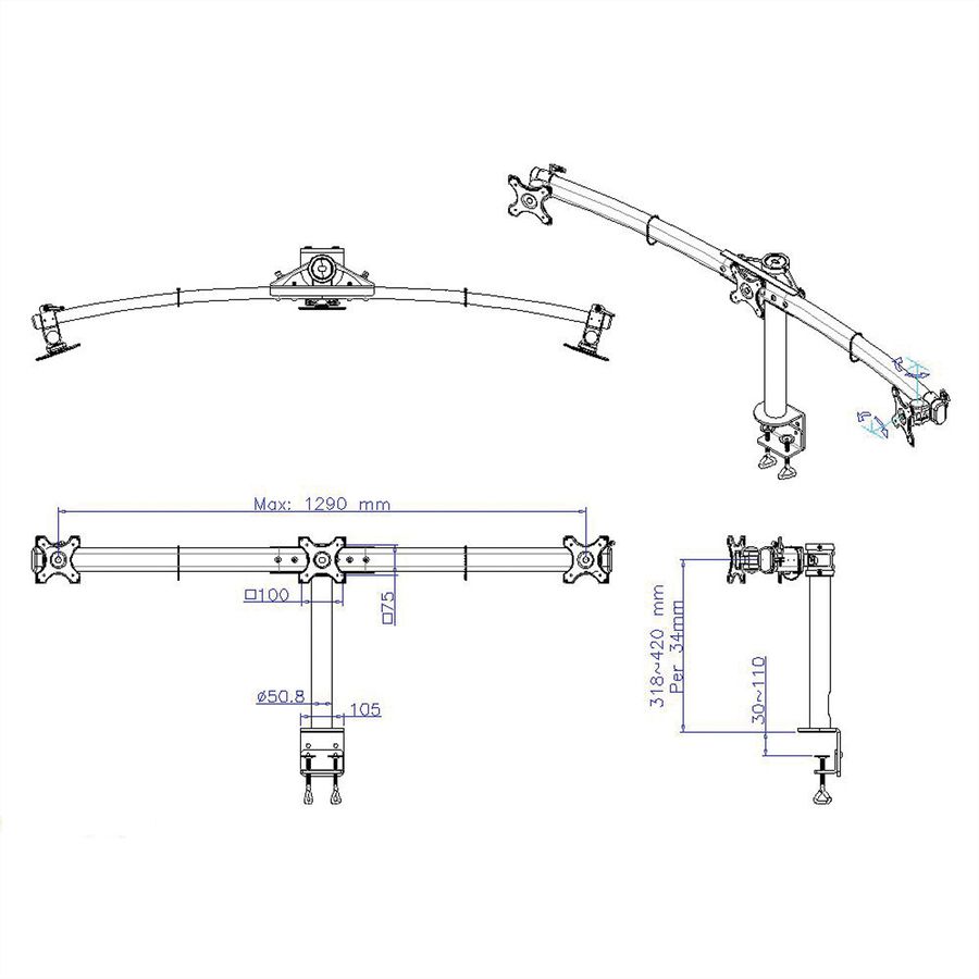 VALUE LCD-Triple-Arm Trägerstange, schwarz, Tischmontage, bis 3x 8 kg