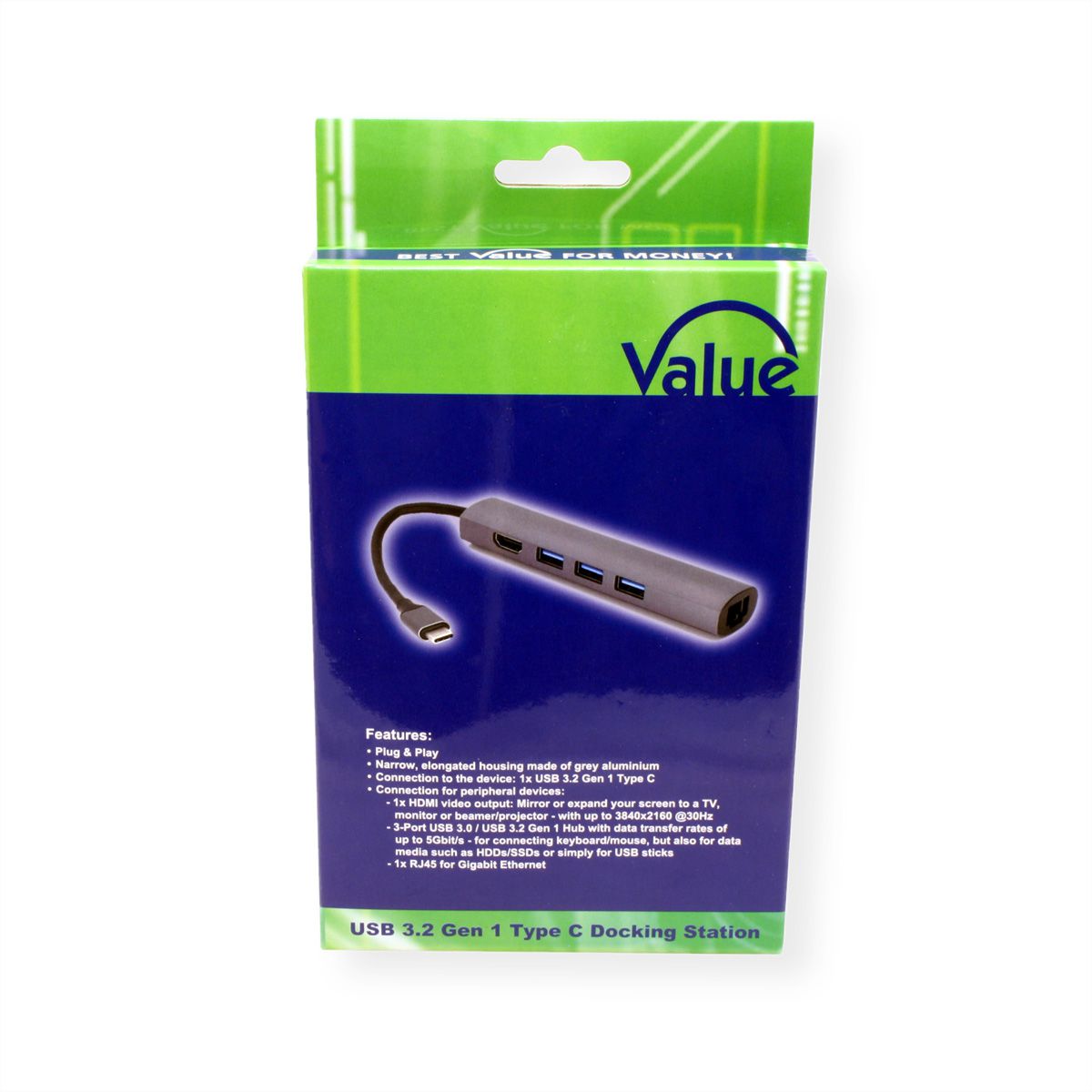 VALUE USB-C Dockingstation, HDMI 4K, 3x USB Typ A, Gigabit Ethernet, grau