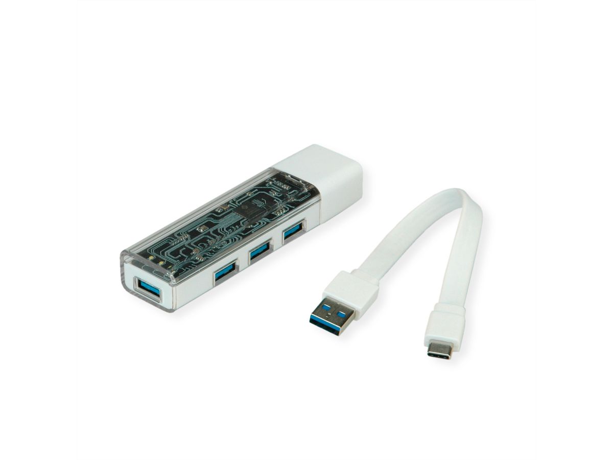 ROLINE Mobiler USB 3.2 Gen 1 Hub, 4fach, Typ A+C Anschlusskabel