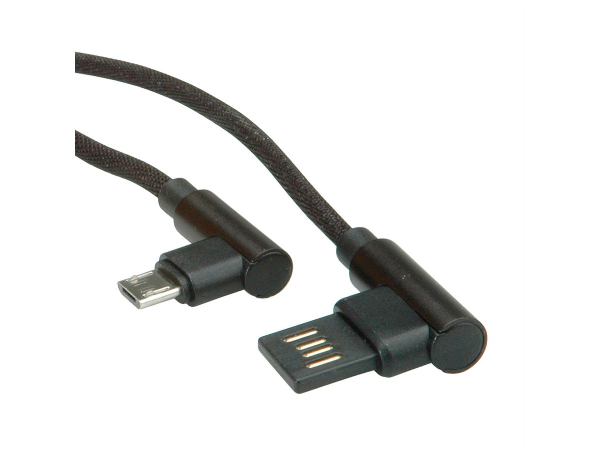 ROLINE USB 2.0 Kabel, gewinkelt, Typ A rev - Micro B, ST/ST, schwarz, 0,8 m