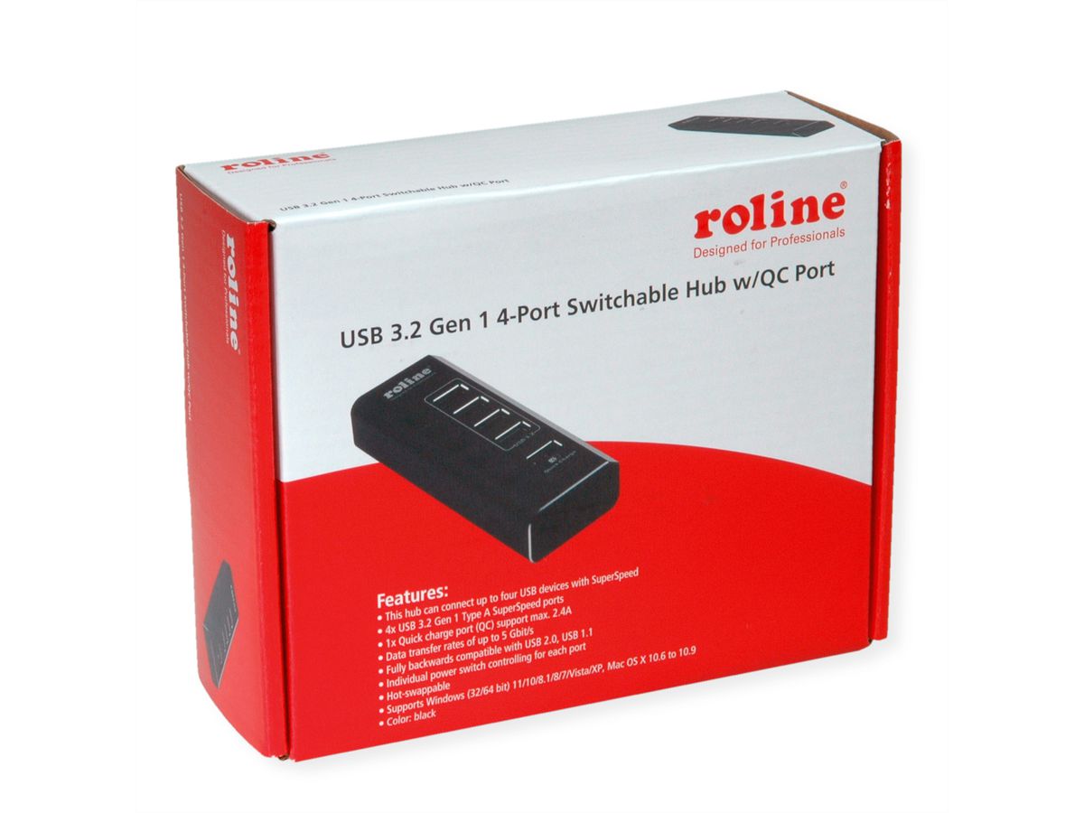 ROLINE USB 3.2 Gen 1 Notebook Hub 4fach + 1x Ladeport (QC), einzeln schaltbar