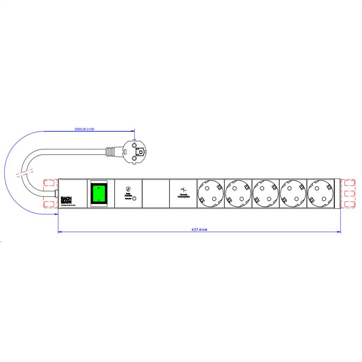 BACHMANN 19" 1HE 5xCEE7/3 1xSchalter 1xGVS-Plus 2,0m CEE7/7