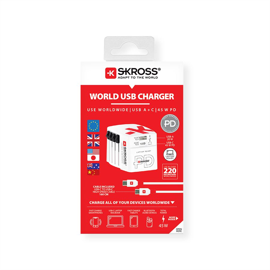 Skross World USB Charger A/C 45PD mit USB-C Kabel, Weltweit