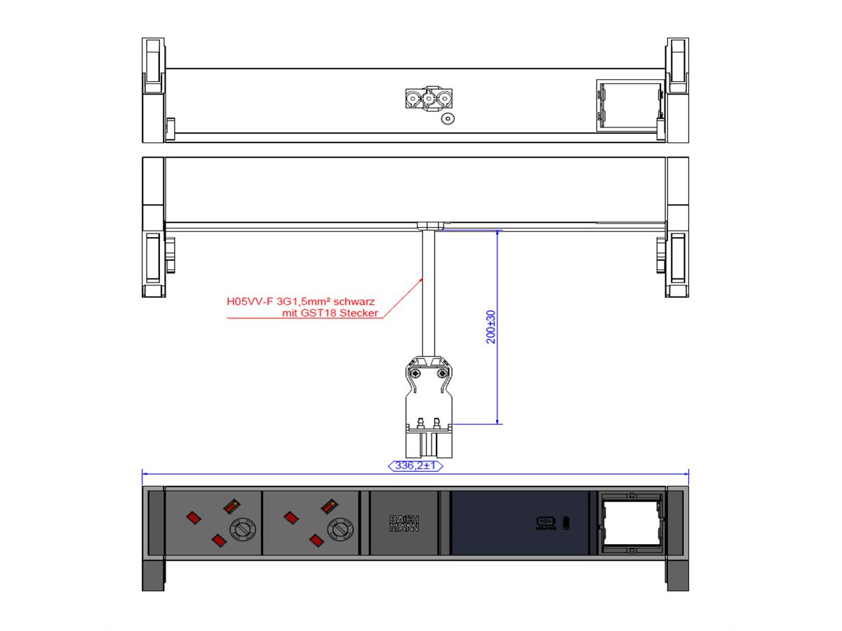 BACHMANN DESK2 2xUK 1xUSB C 60W 1xCM, 0,2m GST18 INOX United Kingdom