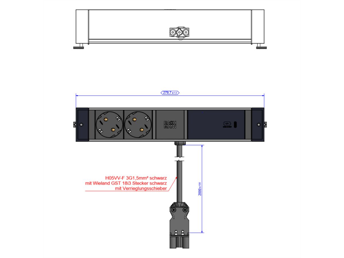 BACHMANN DESK RAIL 2xSchutzkontakt USB C, USB Charger 60W 2,0m GST18