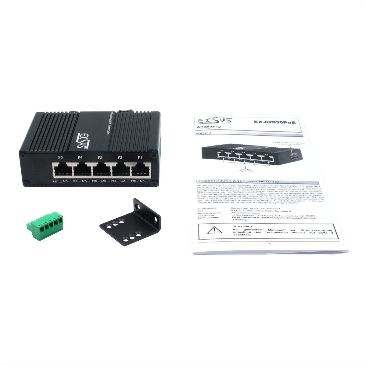EXSYS EX-62030MPOE Mini 5-Port Industrial Gigabit PoE+ Switch, Web-Managed
