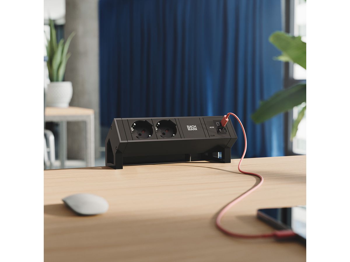 BACHMANN DESK2 2xP40 1xUSB C/C 45W, L=0,2m RAL9005