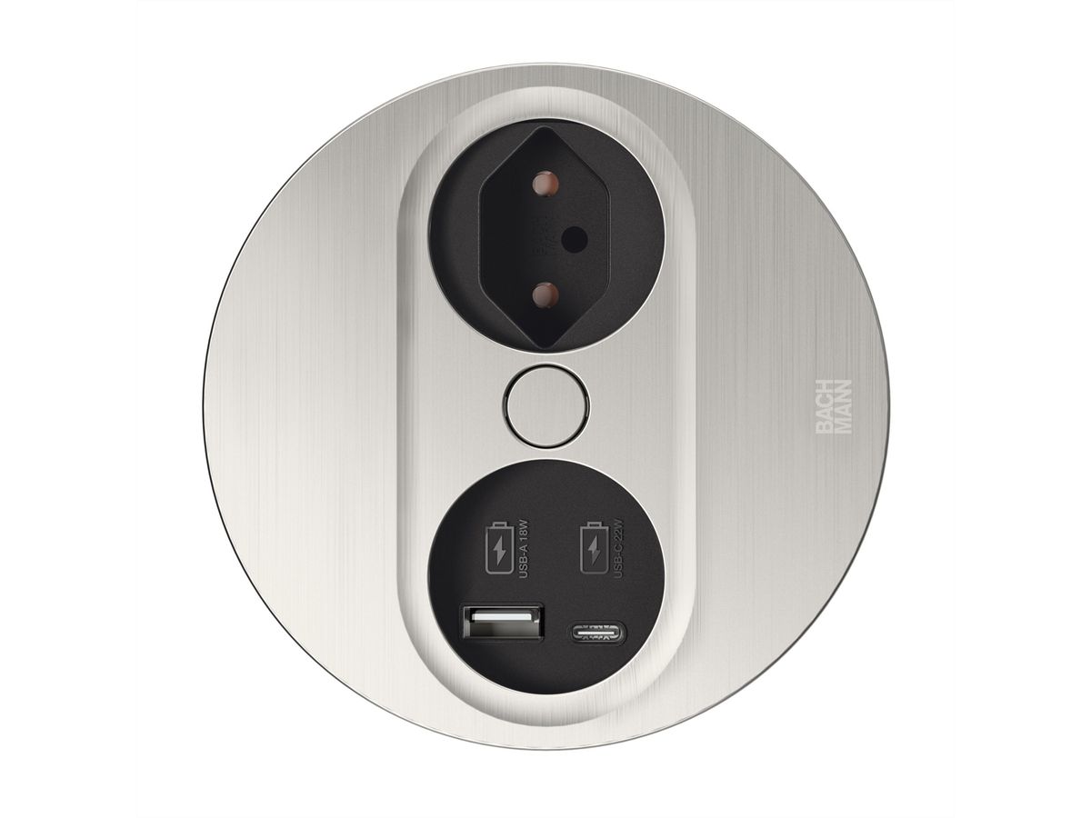 BACHMANN TWIST2 1xCH 1xUSB A/C 22W, L=2,0m AEH T12 Edelstahl-Optik rund