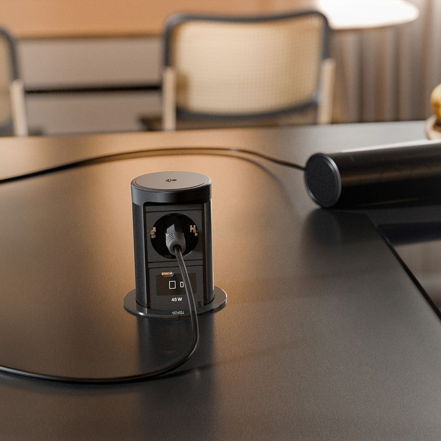 BACHMANN ELEVATOR2 1xCEE7/3 1xUSB C/C45W, Wireless Charger 15W RAL 9005 2,0 m AEH