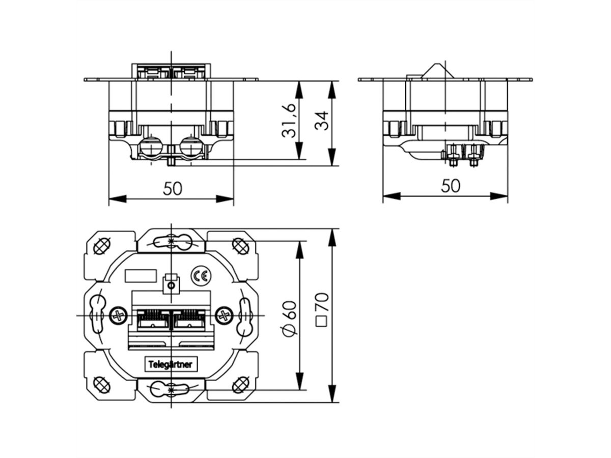 TELEGÄRTNER Dose AMJ45 ohne Zentralplatte, 2x RJ-45 Kat.6A (Class EA)