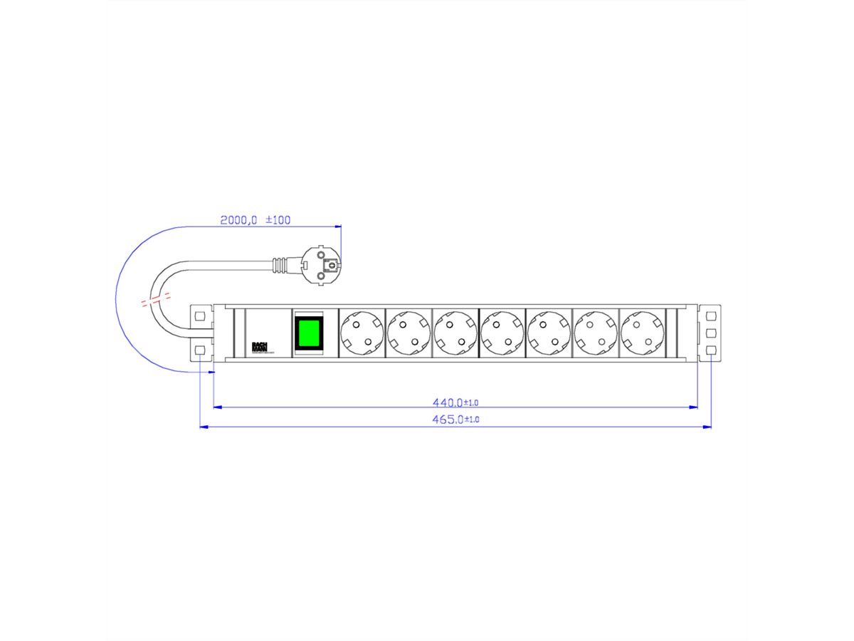 BACHMANN 19" PVC 7xCEE7/3 1xSchalter Strom 2,0m CEE7/7