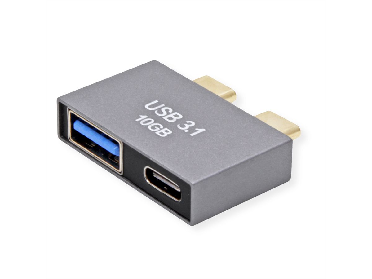 ROLINE USB 3.2 Gen 2 Adapter, 2x USB Typ C - 1x Typ A + 1x C, ST/BU, silberfarben