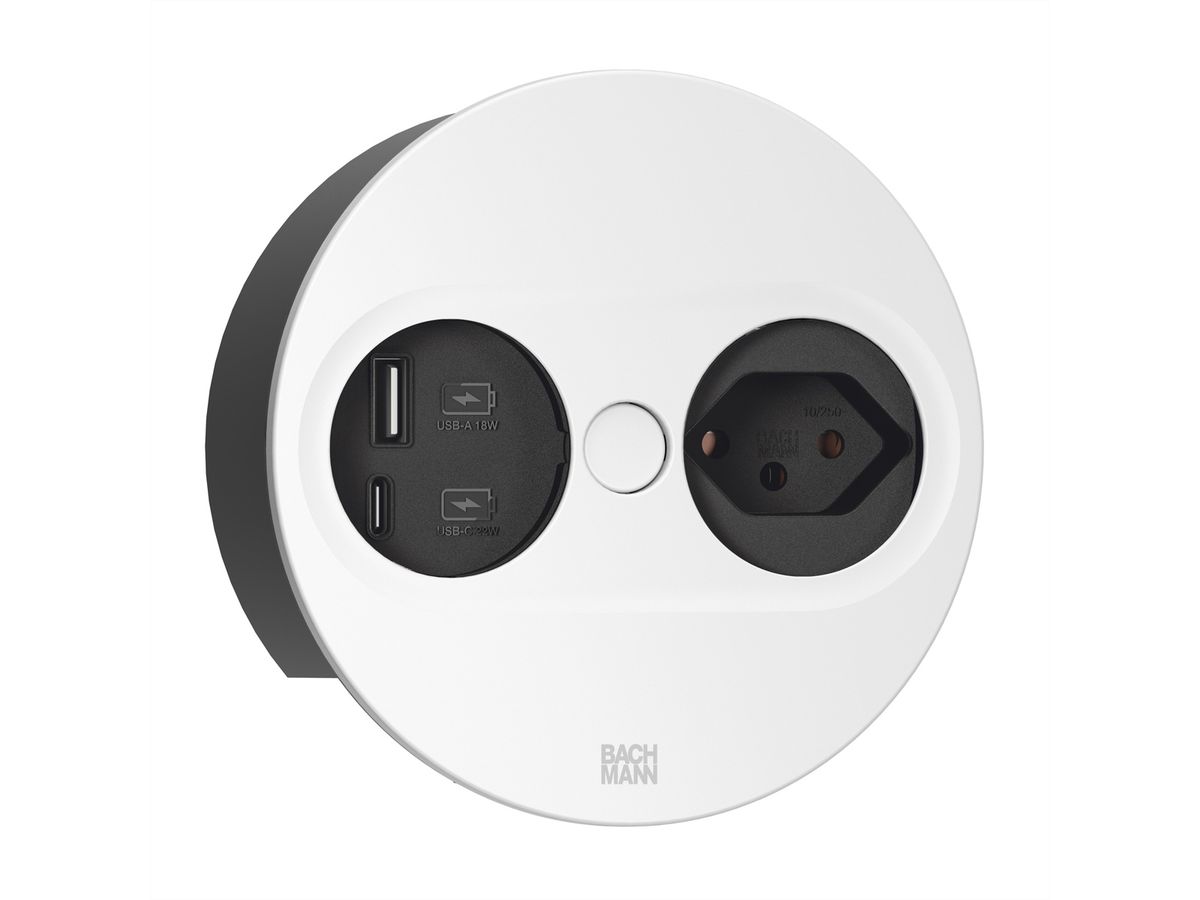 BACHMANN TWIST2 1xCH 1xUSB A/C 22W, L=0,2m RAL9010 30GE rund