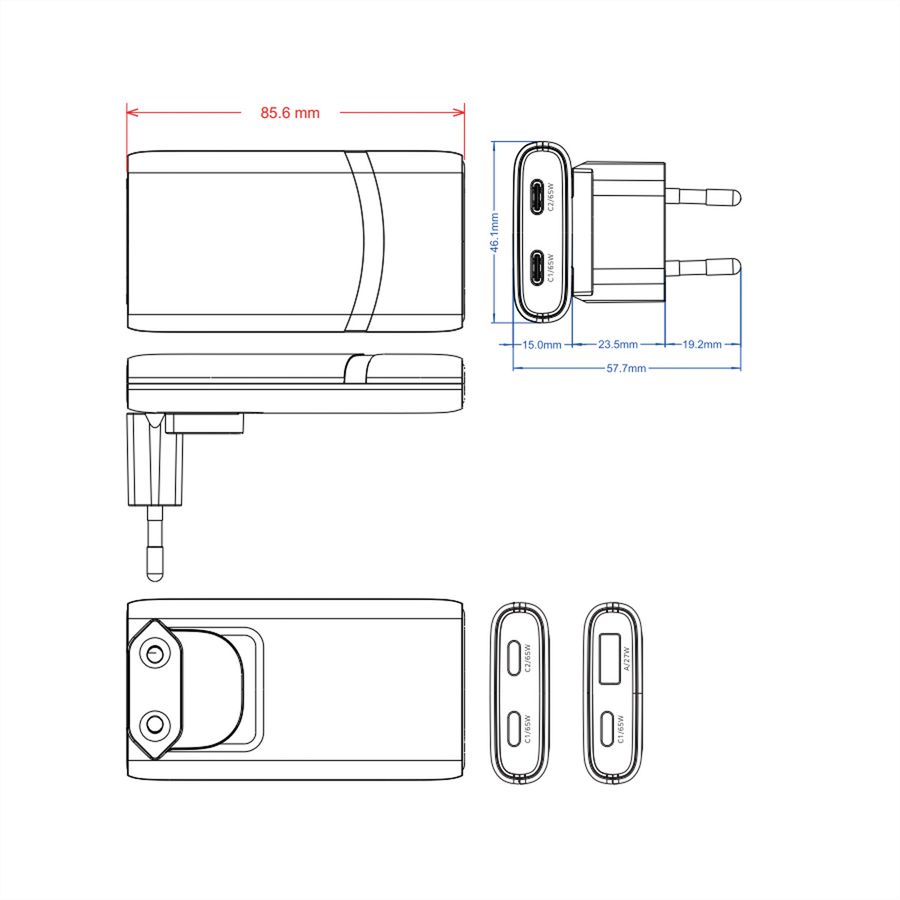 VALUE USB Charger mit Euro-/US-Stecker, 2 Ports Typ A+C, 65W