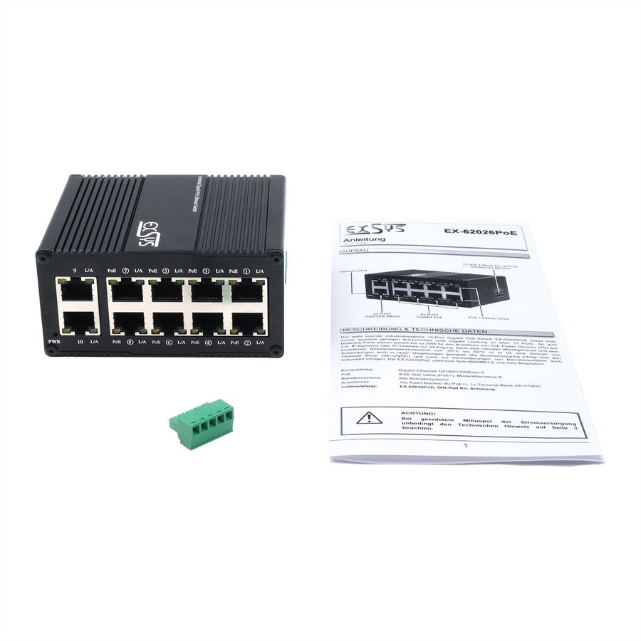 EXSYS EX-62026PoE 10-Port Industrie-Ethernet-PoE-Switch, 8x PoE + 2-Port 10/100/1000Tx