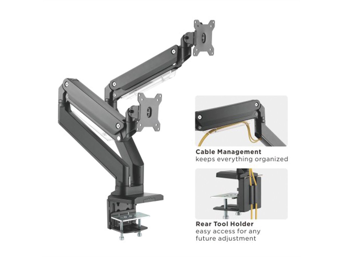 ROLINE LCD-Doppelarm, Tischmontage, Gasfeder, je 5 Gelenke, bis 2x 15 kg