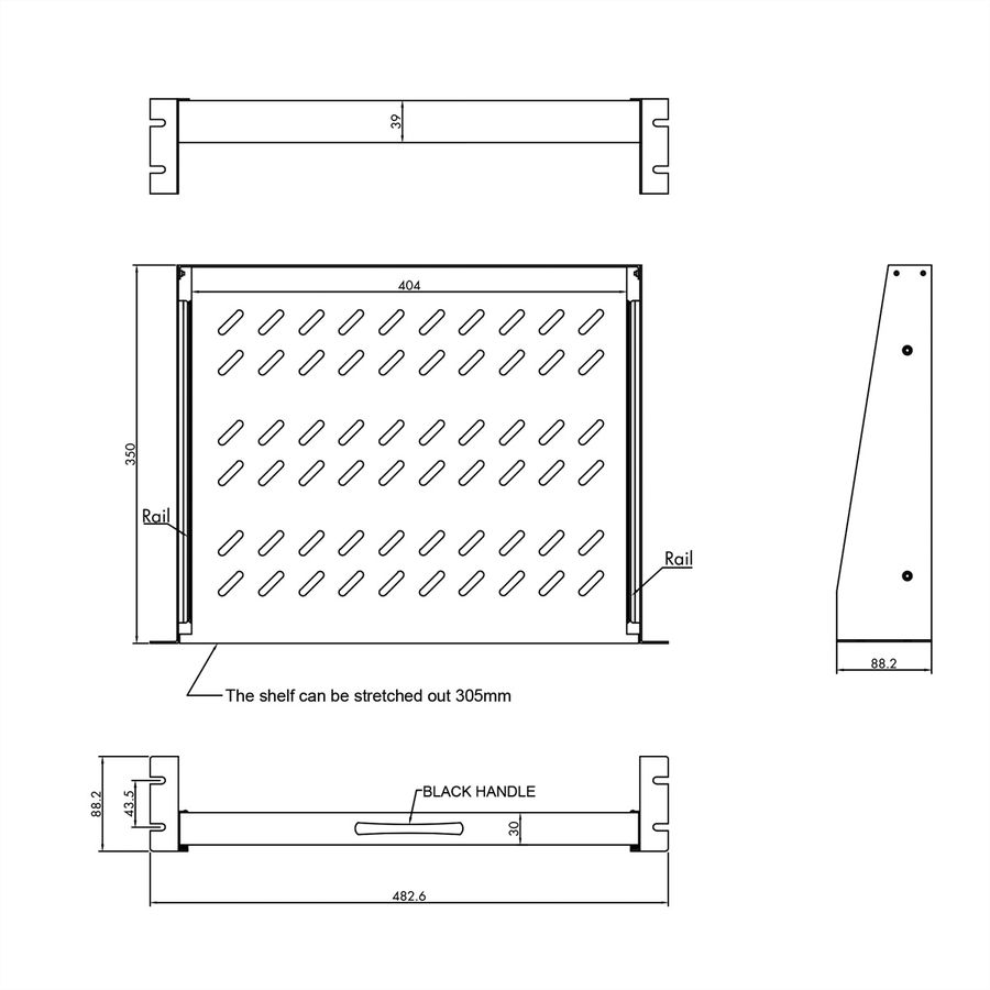VALUE 19-Zoll-Fachboden ausziehbar, 2 HE, 404 x 350 mm, 30 kg Traglast