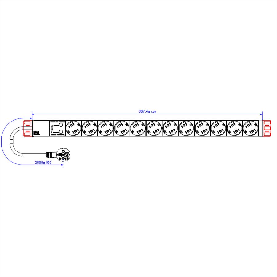 BACHMANN IT PDU ALU 1HE 12x Schutzkontakt, ÜSS, Zuleitung mit Schutzkontaktstecker