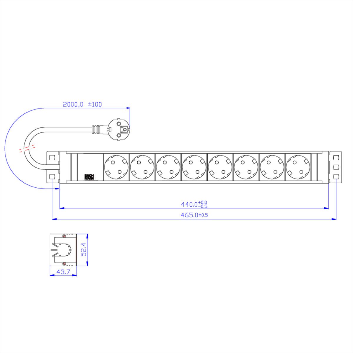 BACHMANN 19'' PVC 8x Schutzkontakt-Steckdosenleiste, 2,0m Schutzkontaktstecker