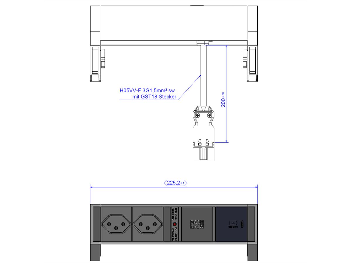 BACHMANN DESK2 2xCH 1xUSB C 30W, 0,2m GST18 INOX Schweiz