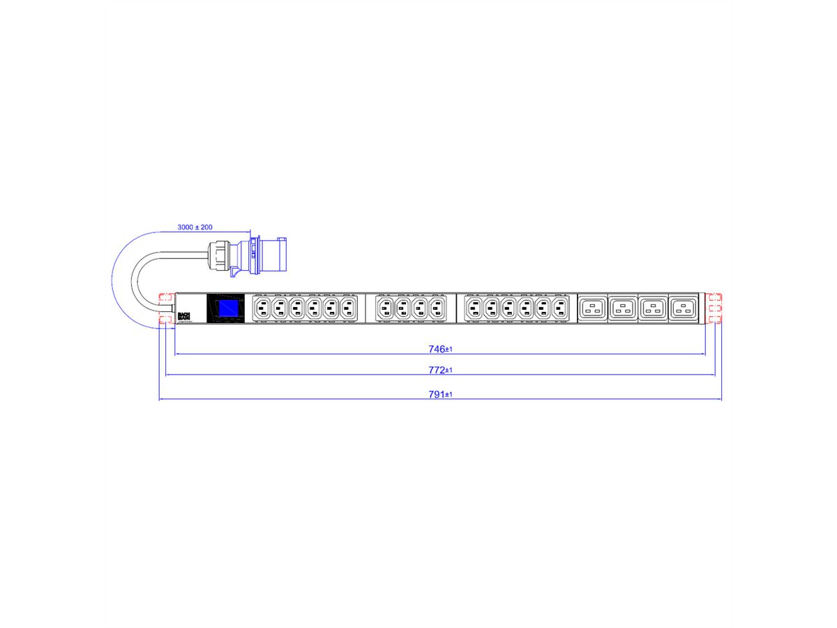 BACHMANN BN0500 19" PDU 1HE 16xC13 4xC19, Leistungsmessung, Anschluss CEE 16A, blau