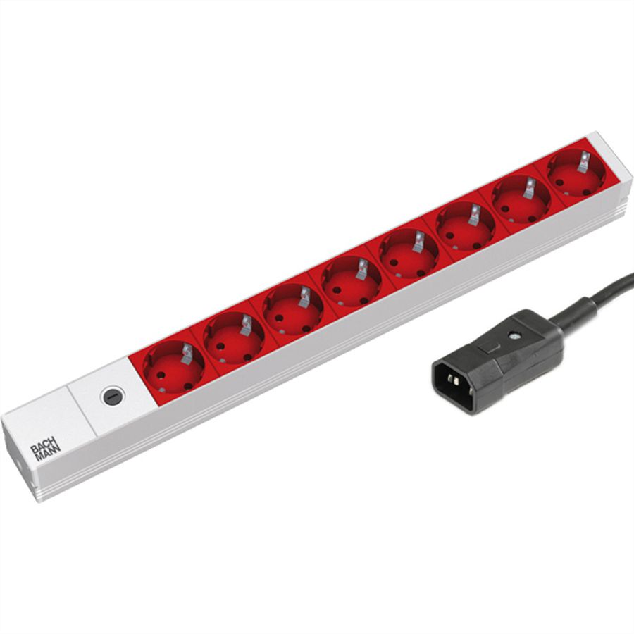 BACHMANN 19" Steckdosenleiste 8-fach, 2300W, IEC320 C14 Stecker, Zugangskabel lang, 8 m